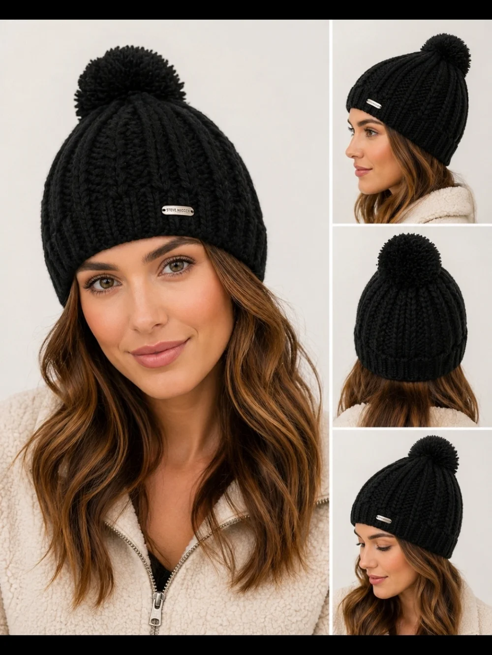 Steve Madden Black Chunky Knit Pom Pom Beanie – One Size Winter Hat